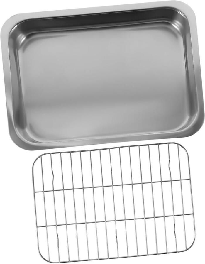 Rvs Bakplaat Set Ovenschaal Braadslee Bakken Grillen Met Uitneembaar Rooster 39x28x6 cm Zilver
