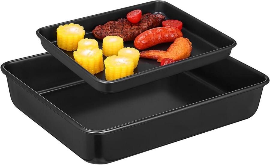 Rvs Bakplaten Ovenschalen Bakplaat Brood Koekjes Bakken Antiaanbak Laag 2 stuks 32.4x26.9x6.2cm Zwart