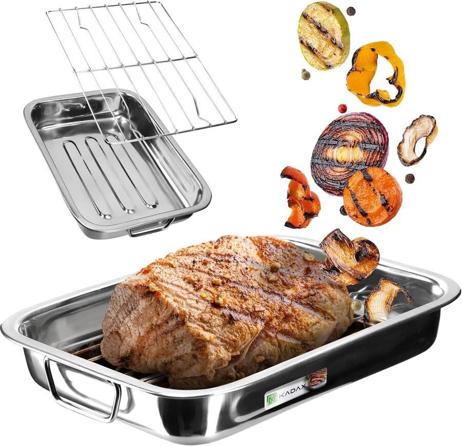 RVS Braadslede met Rooster voor Oven Vierkante Ovenschaal met Inzet om Vetarm te Bakken