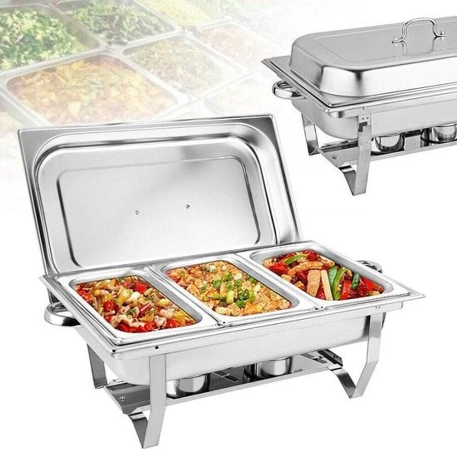 RVS Buffet Warmer 9L Warmhoudschaal met 3 Inzetbakken en Inklapbaar Frame