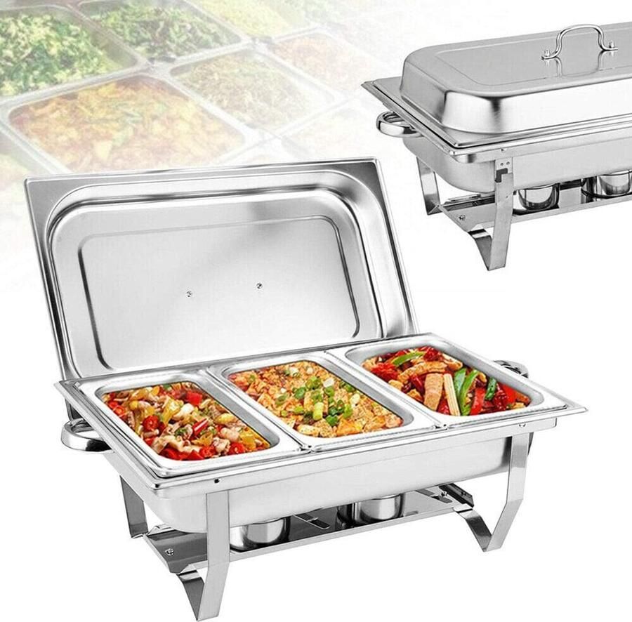 RVS Buffet Warmer 9L Warmhoudschaal met 3 Inzetbakken en Inklapbaar Frame