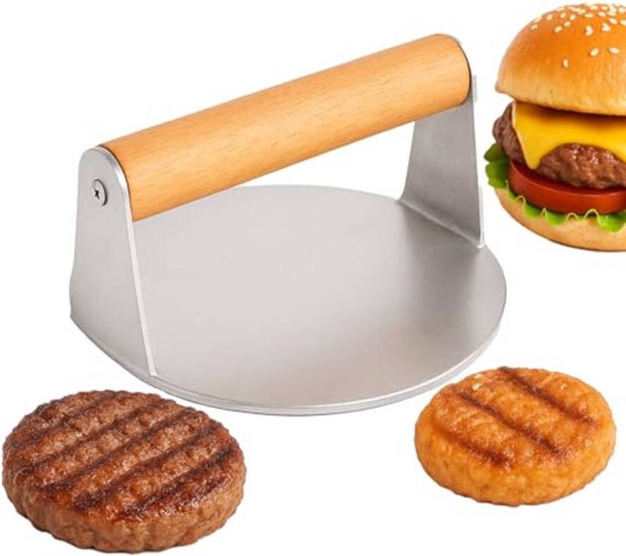RVS Burgerpers met Houten Handgreep Perfect voor Grillen en Vleesbereiding