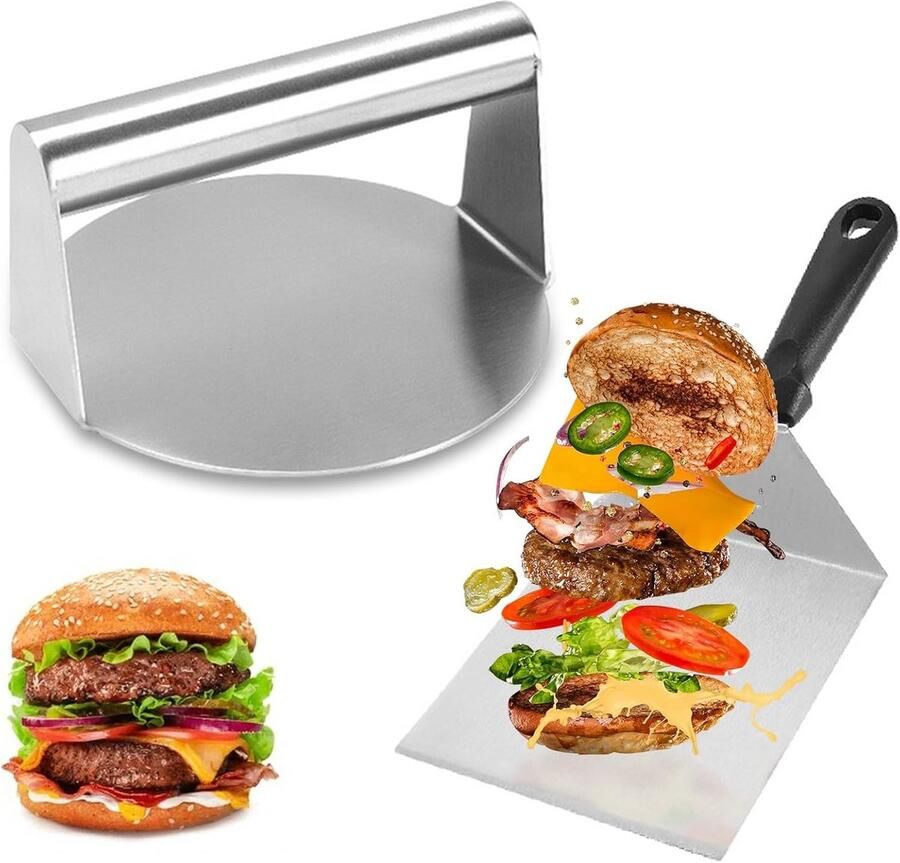 RVS Burgerpers met Spatel voor Sappige Smash Burgers op Grill of Koekenpan