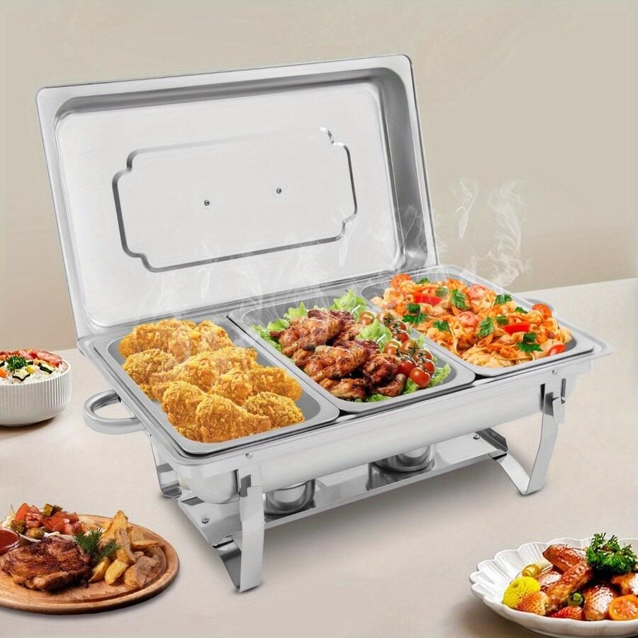 RVS Chafing Dish Buffet Set met 3 Compartimenten – 3x 2 5L – Warmhoudschaal met Brandpasta – Professioneel Catering Buffet – Voor Feesten & Evenementen