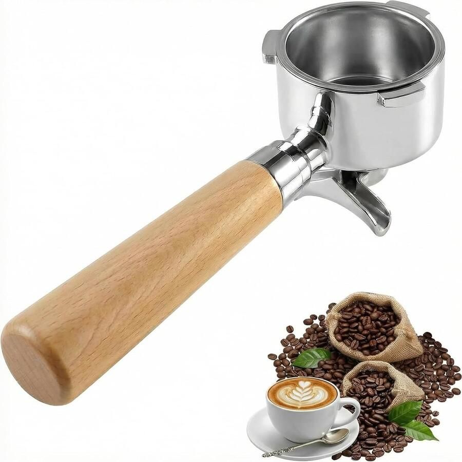 RVS Espresso Portafilter met Ergonomische Houten Handgreep voor DeLonghi en Smeg 51 mm Dubbele Uitloop 3-Oor Ontwerp Voor Perfecte Koffie en Barista-ervaring