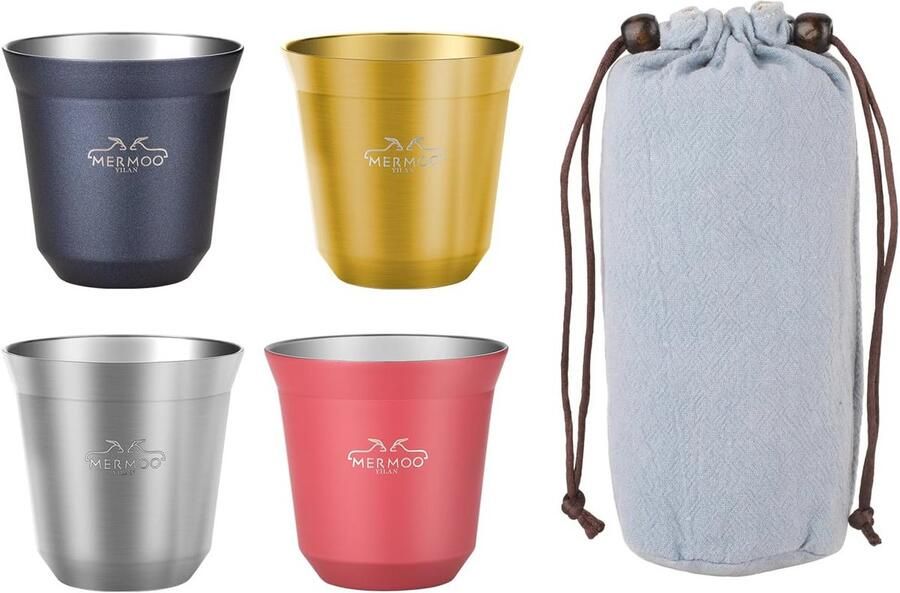 RVS Espressokopjes 80ml Geïsoleerd in n Kleuren Voor 2 Shots Espresso Inclusief Opbergtas Duurzaam en Makkelijk te Reinigen Perfect voor Thuis Reizen en Kamperen
