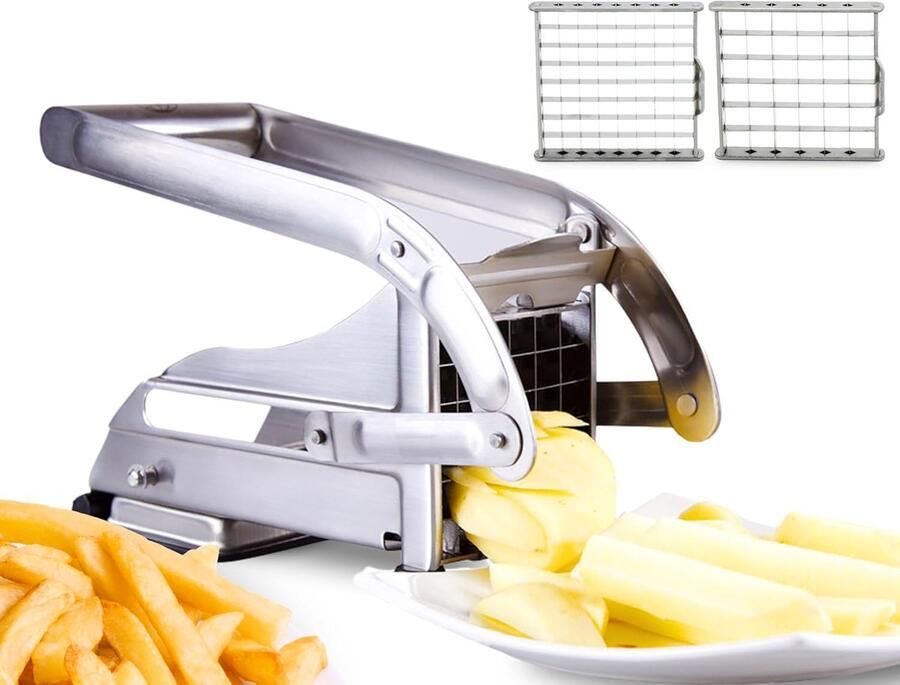RVS Frietsnijder Roestvrij Stalen Aardappelsnijder Met 2 Messen Friet Maker Met Anti-slip Zuignapvergrendeling Frietpers Voor Thuis Frituursnijder uitgerust met veilige zuigbasis roestvrij staal 2 maten friet aardappelsnijder voor frituren