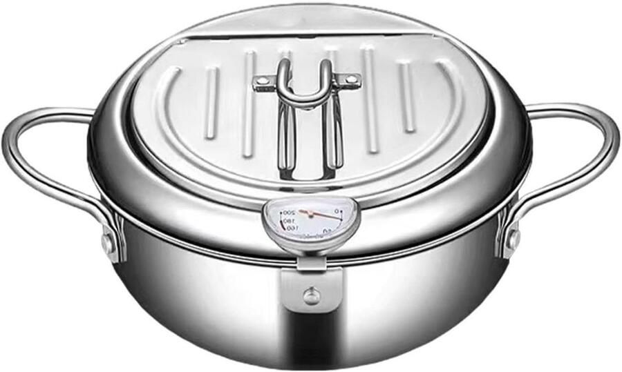 RVS Friteuse Oliepan Diepe Pan Thuis Frituren Met Thermometer 20 x 24 x 28 cm Zilver