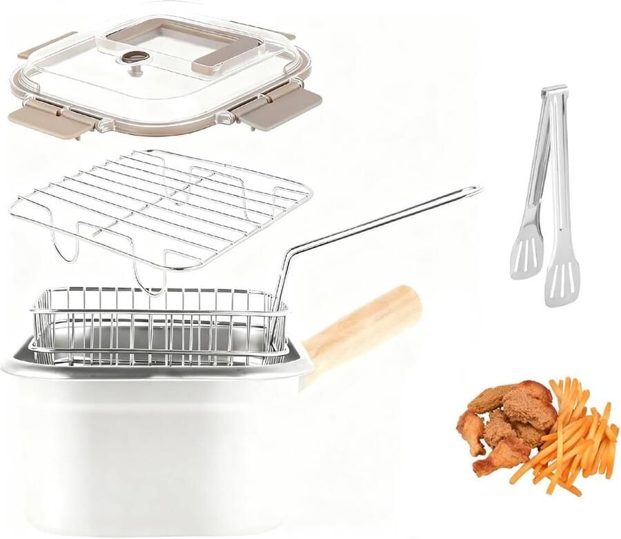 Rvs Friteuse Pan met Mandje Mini Frituurpan met Houten Handgreep en Deksel Diepe Frituurpan voor Kip Friet en Vis Geschikt voor Inductie en Gas