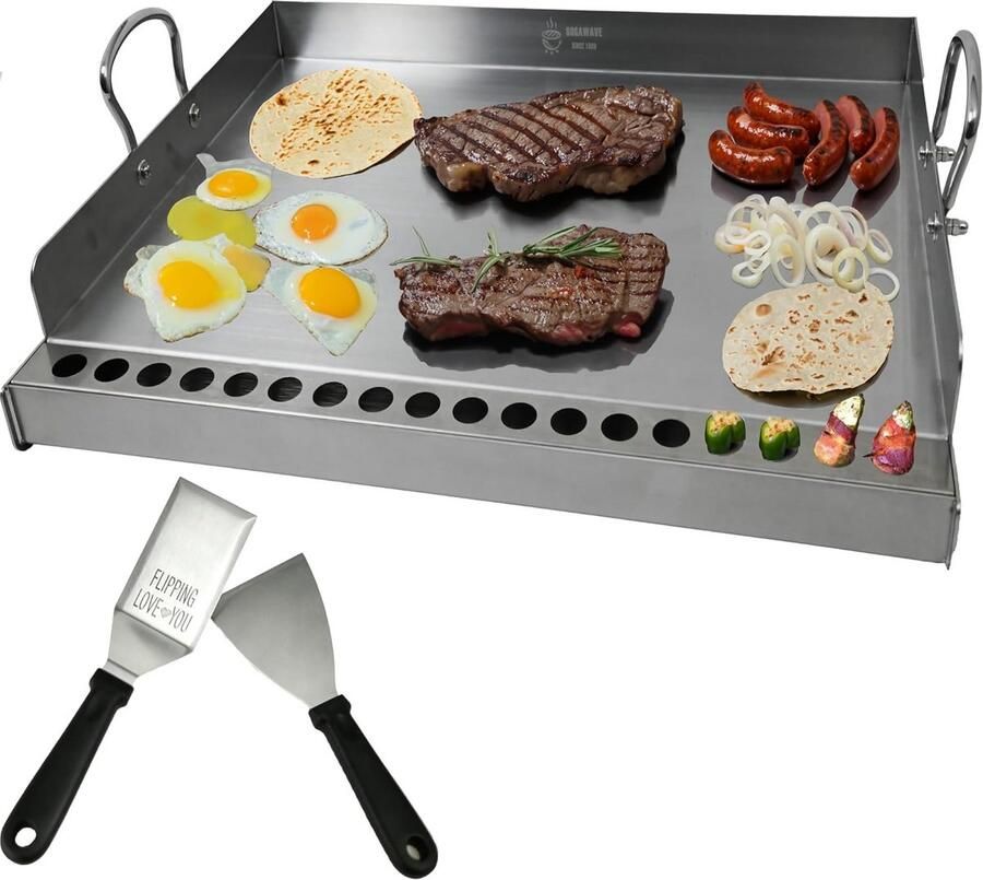 RVS Grillplaat Bakplaat Flat Top Buiten Koken Met Opstaande Rand 56 x 40 cm Zilver