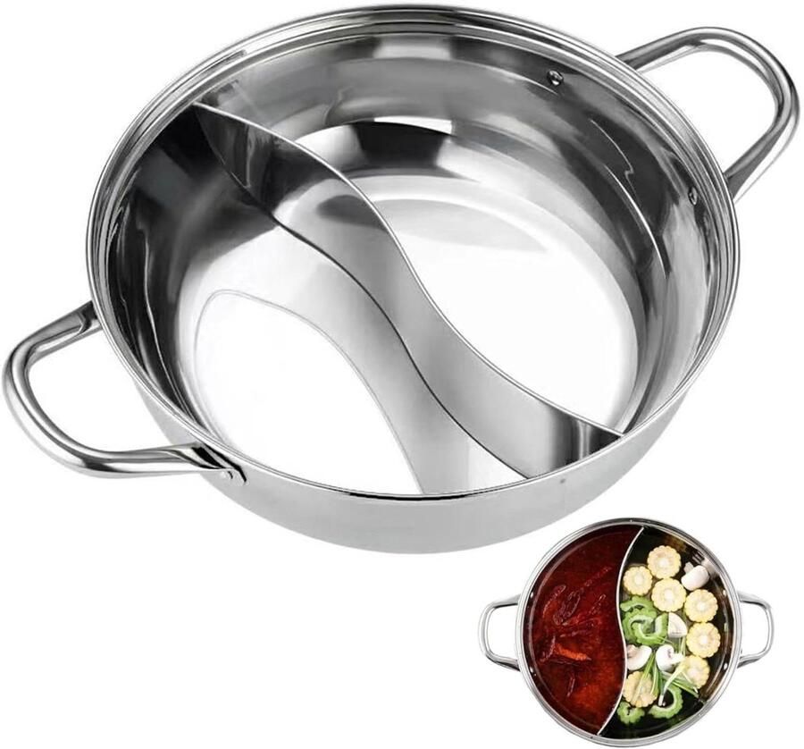 RVS Hete Pot Hotpot met verdeler Gezellig eten Dubbele bouillon koken 28 cm Zilver