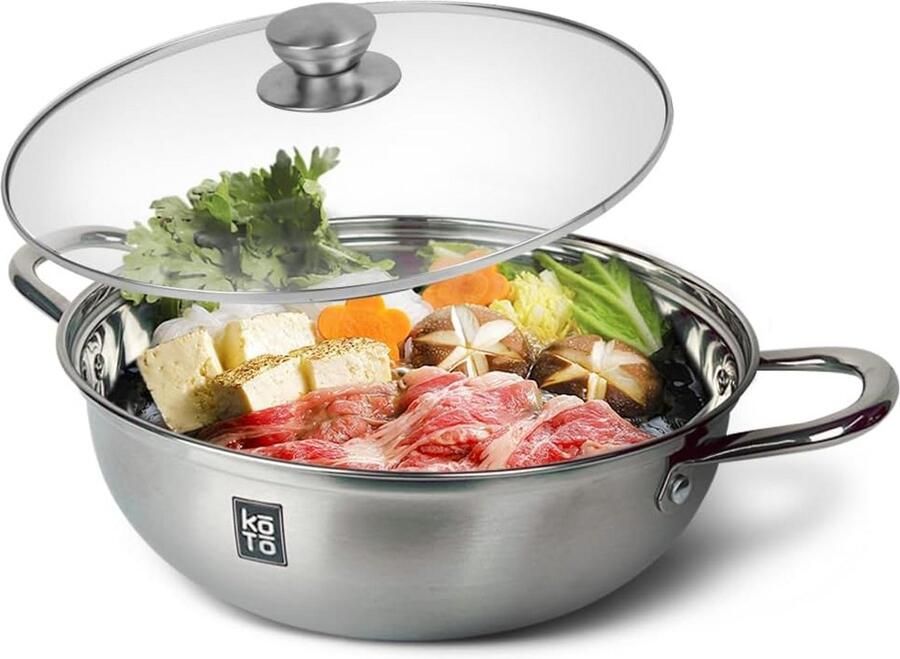 RVS Hot Pot (30 cm) met Glasdeksel Geschikt voor Shabu Grillen en Stomen