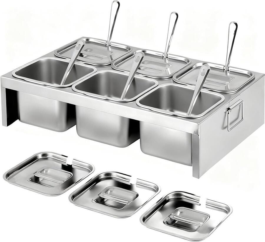 6x2L RVS ingredientencontainers met deksels en lepels 6-compartimenten pizza topping station voor ingrediënten en toppings ideaal voor keuken en catering