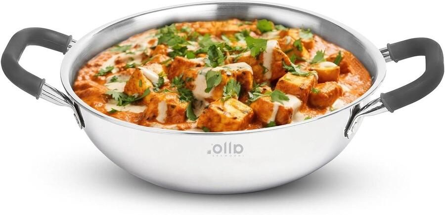 RVS Kadhai Koekenpan Wok Curry Koken Natuurlijk Antiaanbak 22cm 2 Liter Zilver