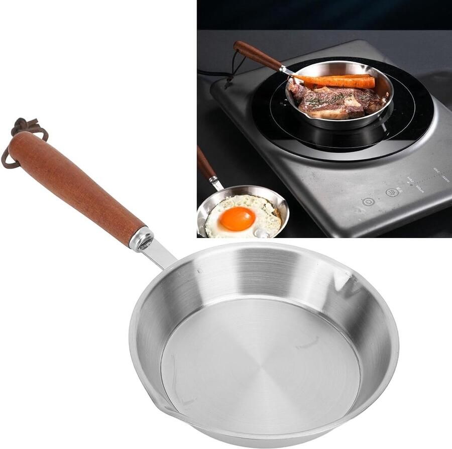 RVS Koekenpan met Houten Handvat Antiaanbaklaag Geschikt voor Inductiekookplaat en Huishoudelijk Gebruik (12 cm)