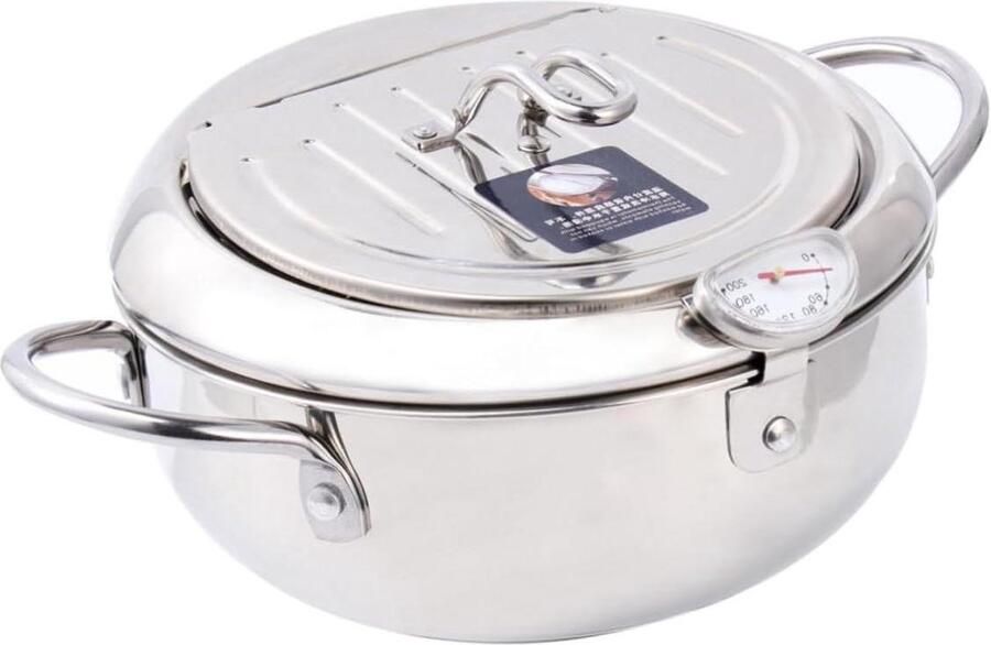 Rvs Mini Frituurpan met Oliezeef Thermometer Gelijkmatige Warmteverdeling Geschikt voor Inductie Gasfornuizen Diepe Pan voor Gelijkmatig Frituren Duurzaam Gezinshulpje