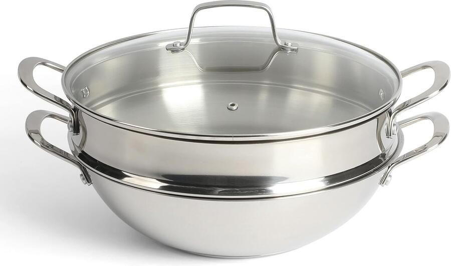 RVS Multifunctionele Koekenpan 30 cm met Stoominzet en Glasdeksel Geschikt voor Alle Warmtebronnen