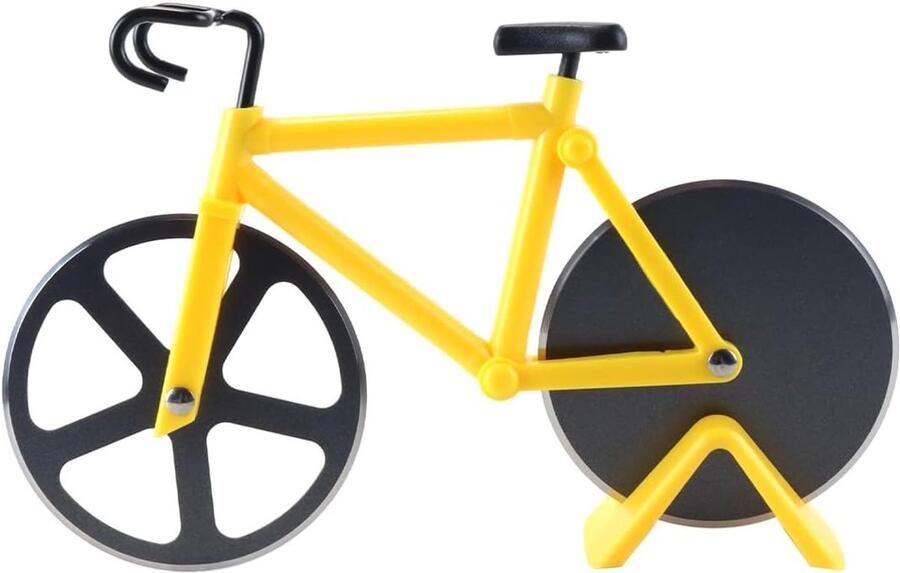 RVS Pizzasnijder met Dubbele Snijwielen en Stand voor Keuken en Feestjes Geel Perfect voor Pizza Taart en Gebak