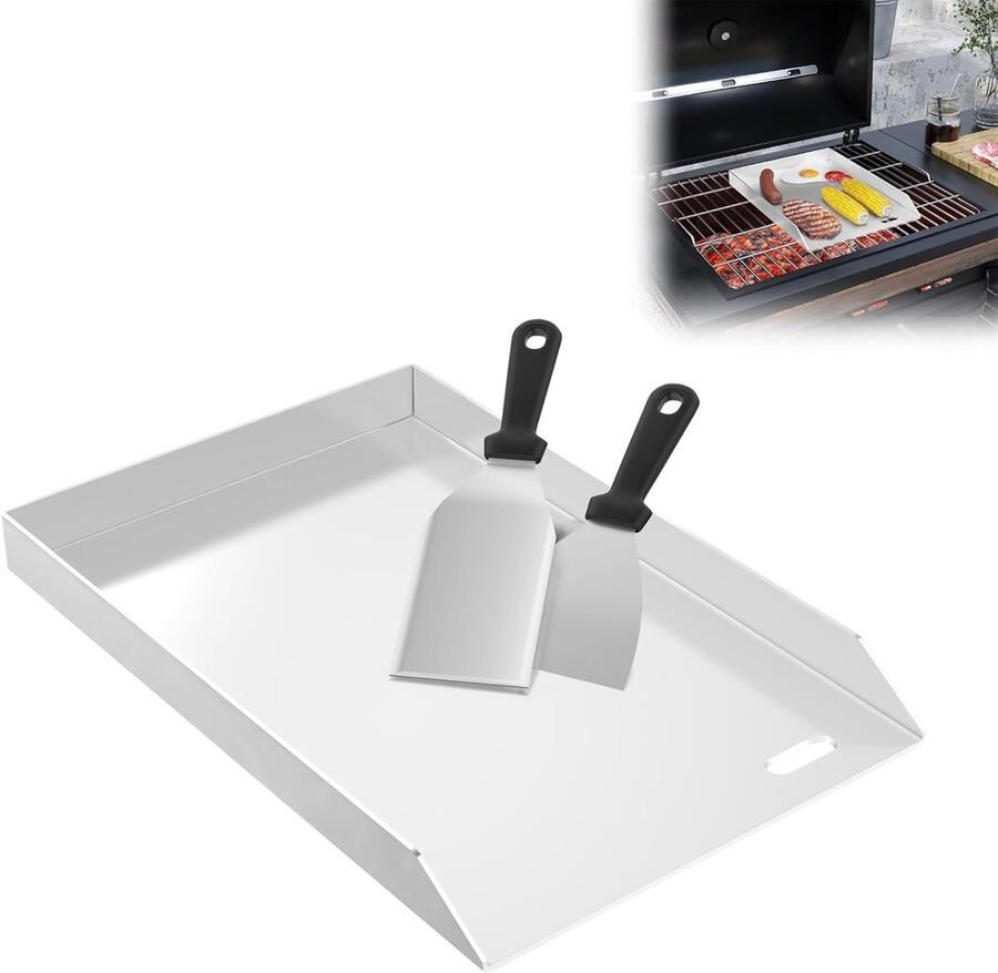 RVS Plancha Bakplaat 30x45 cm voor Gasbarbecue en Houtskoolgrill Inclusief Spatel