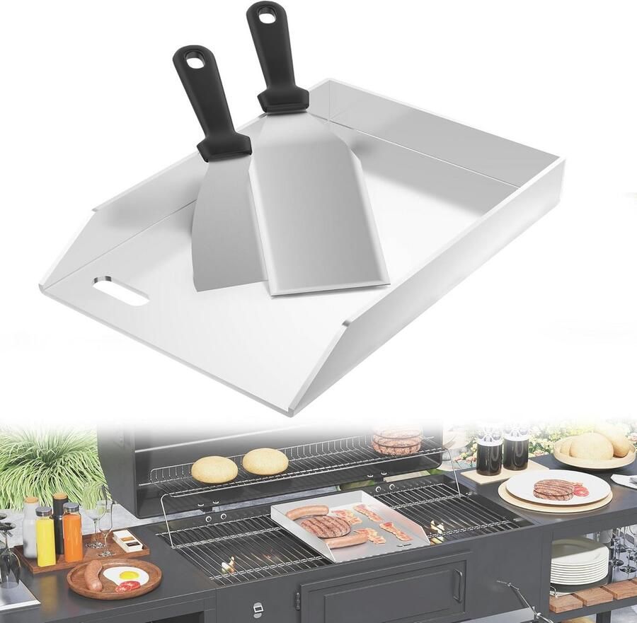 RVS Plancha Grillplaat 20x30x4cm Universele Bakplaat voor Gas & Houtskool BBQ met Spatel
