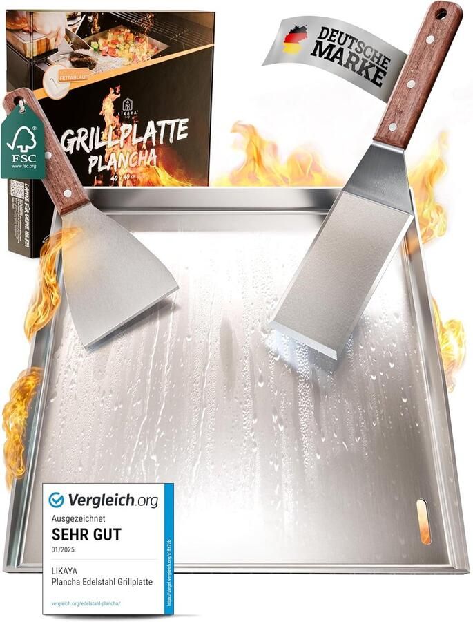 RVS Plancha Grillplaat 40x40 cm met 2 Spatels en Houten Handvat