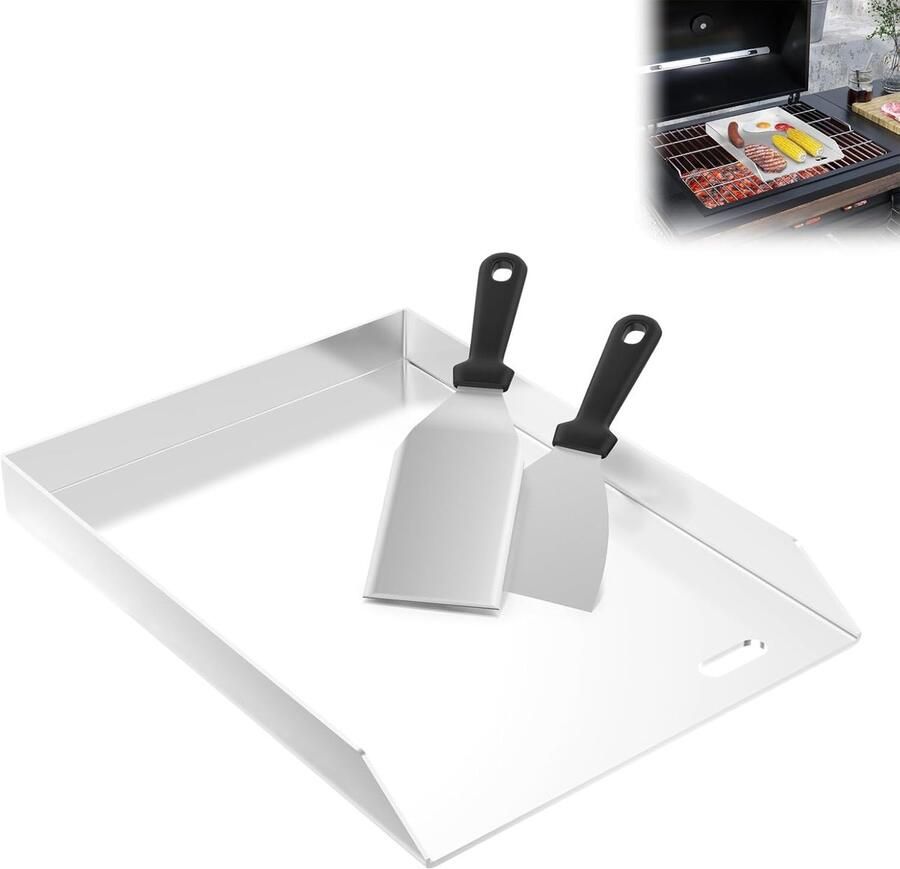 RVS Plancha Grillrooster 30x40 cm Dikke Bakplaat voor Gas en Houtskool BBQ Inclusief Spatel en Vetopvangbak
