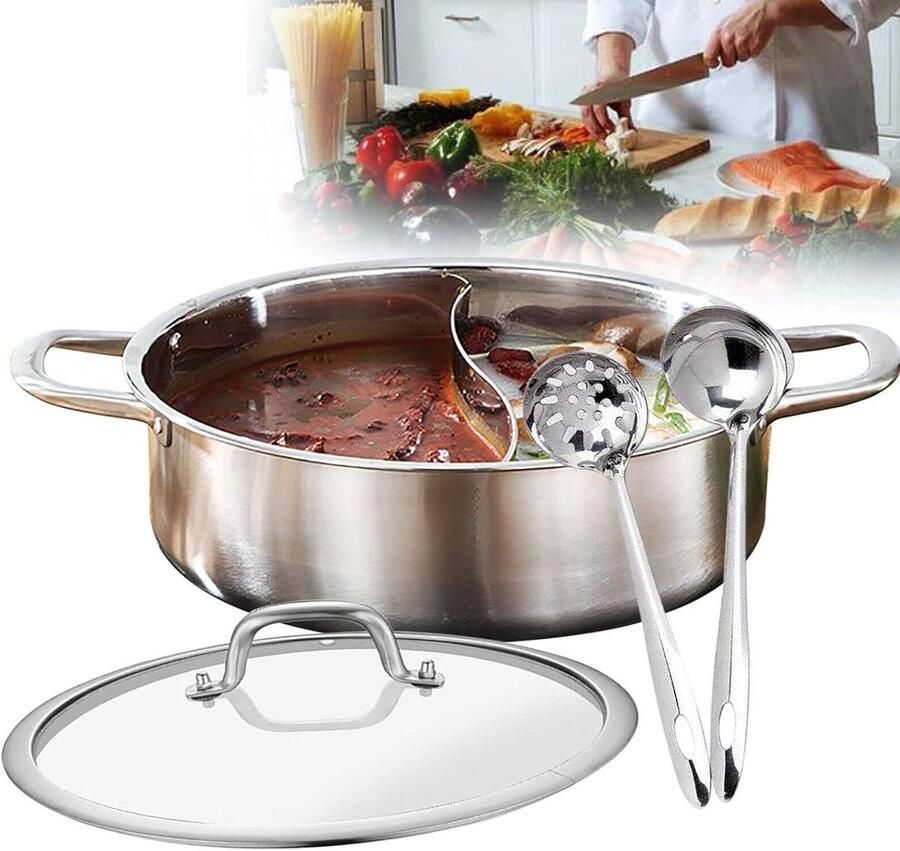 Rvs Soeppan Kookpan Partitie Twee Smaken Koken Dubbele Scheidingswand 28 cm Zilver