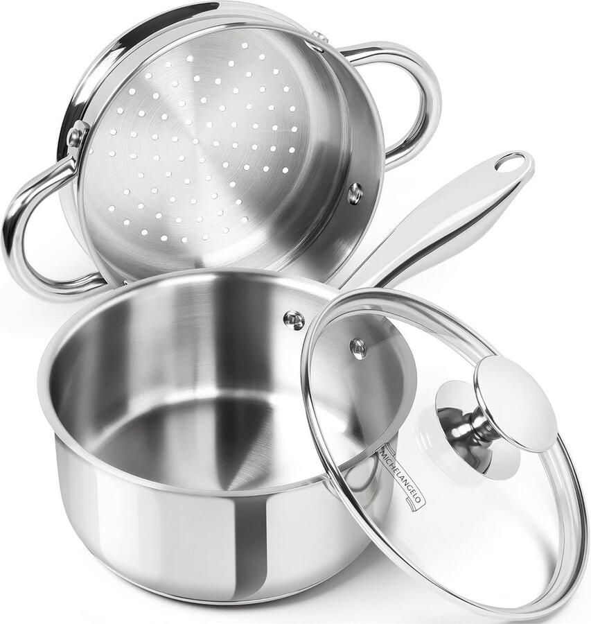 RVS Steelpan met Steamer Inzet Inductie Geschikt 1.5L Sauspan met Deksel