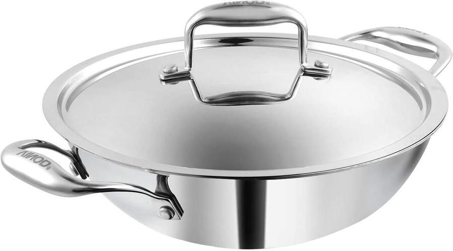 RVS Steelpan Roerbakpan Kadai Gelijkmatig Koken Tri Ply Constructie 24 cm 3.3 LTR Zilver
