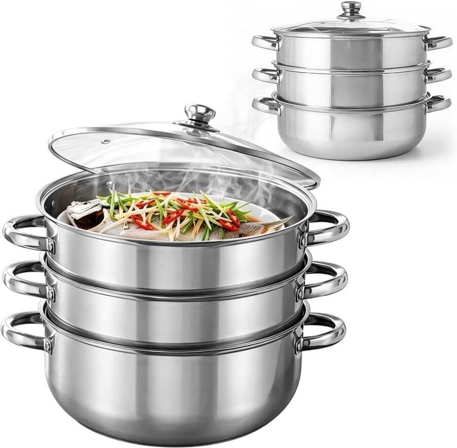 RVS Stoomkoker met Glazen Deksel 11 inch 3-laags Kookgerei voor Groenten Zeevruchten en Soepen