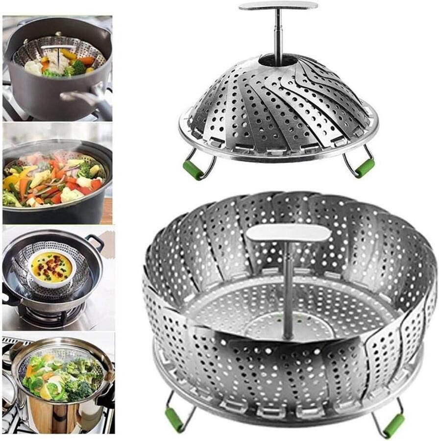 RVS Stoommand Opvouwbare Steamer Gezond Koken Verwijderbaar Handvat 14-24 cm Zilver