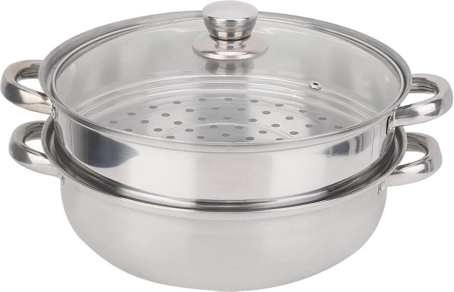 RVS Stoompan 2 Lagen 27 cm met Glazen Deksel Gestoomde Maaltijden