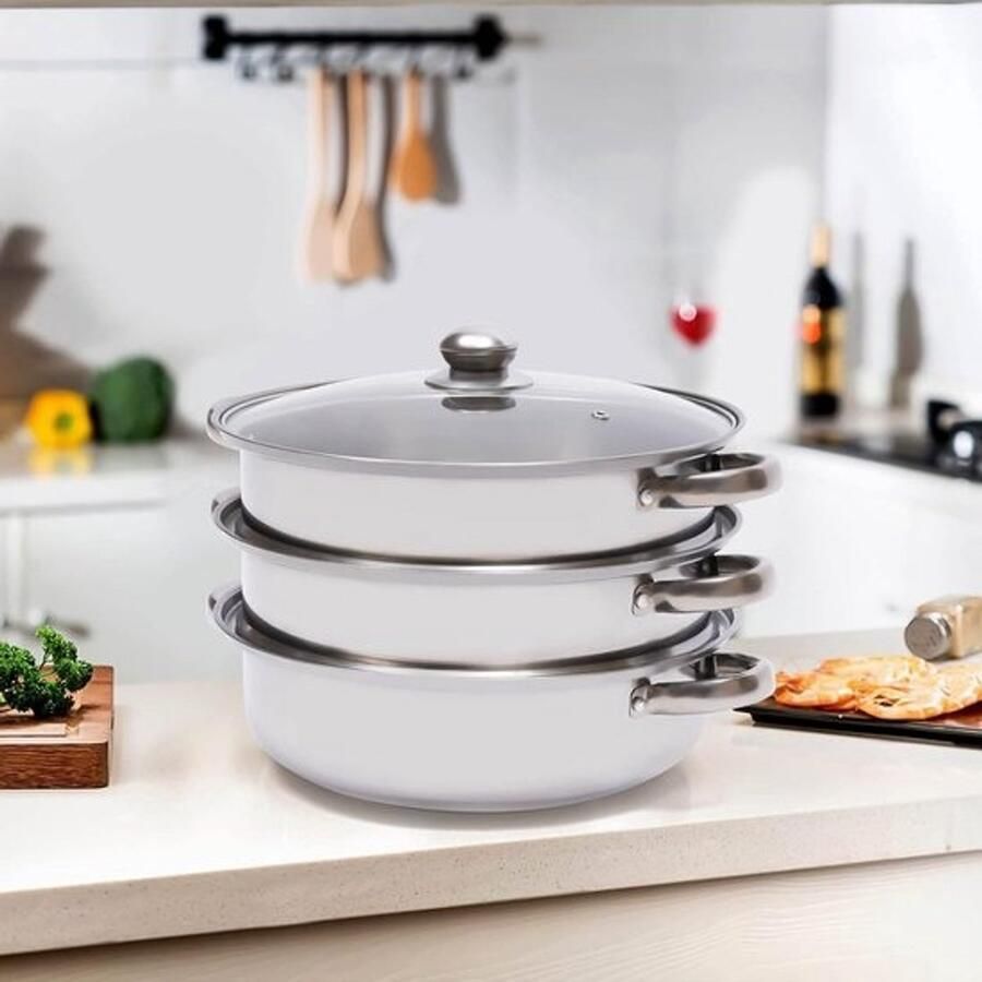 RVS Stoompan 3-Lagen Multi-Sized Stomer voor Groenten Vlees en Vis