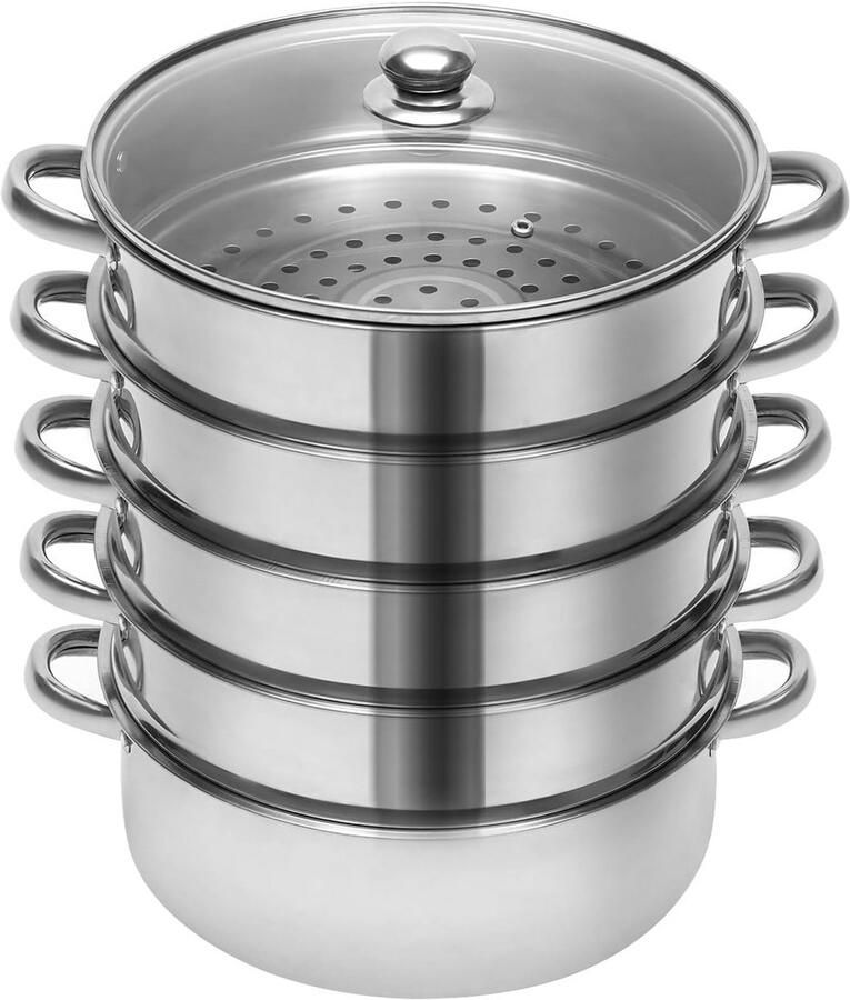 RVS Stoompan 5-Delig Multifunctionele Stoomkoker met Grote Kookpot voor Alle Fornuizen
