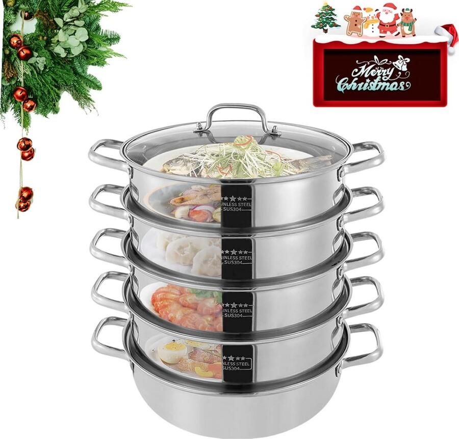 RVS Stoompan 5-Delig Stapelbaar met Glazen Deksel Geschikt voor Inductie Diameters