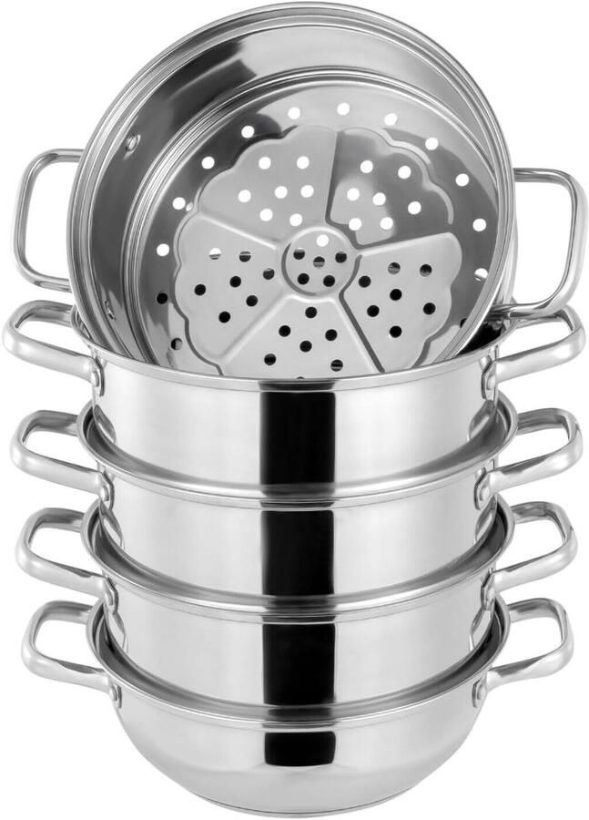 Stoomkoker Set Stoompan Stoofpan Gezond Koken 5 Lagen RVS 28 cm Zilverkleurig