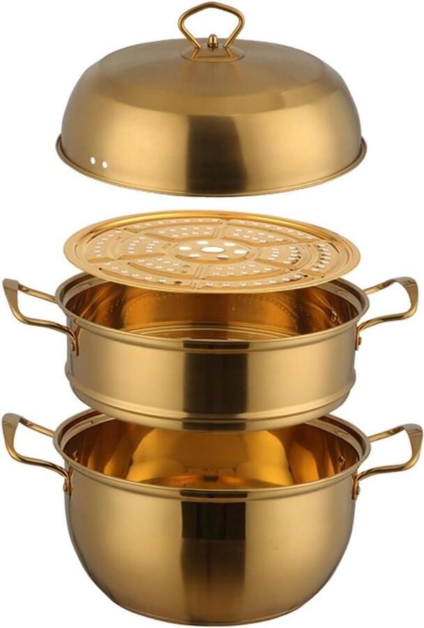RVS Stoompan Drie Laags Gezond Koken Universele Kookplaten 24.5 cm Goud