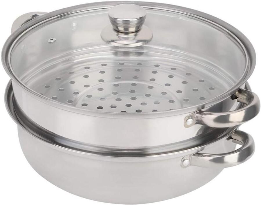 RVS Stoompan Inzetstuk Stoominzet Pan Gezond Koken Dubbelwandig Ontwerp 27 cm Diameter Zilverkleurig