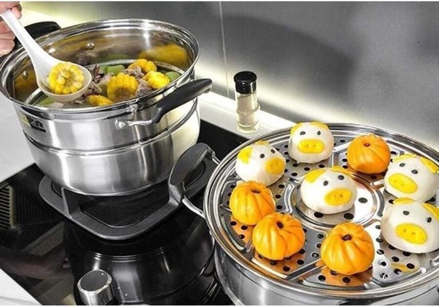 RVS Stoompan Kookpan met mand Gezond Koken Universeel voor alle kookplaten 28 cm Zilverkleurig