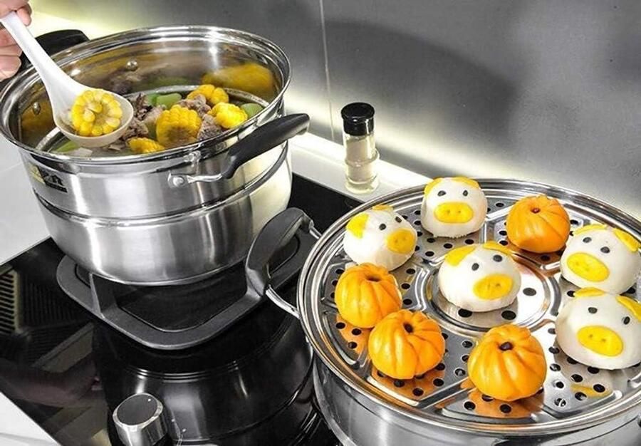 RVS Stoompan Kookpan met mand Gezond Koken Universeel voor alle kookplaten 28 cm Zilverkleurig