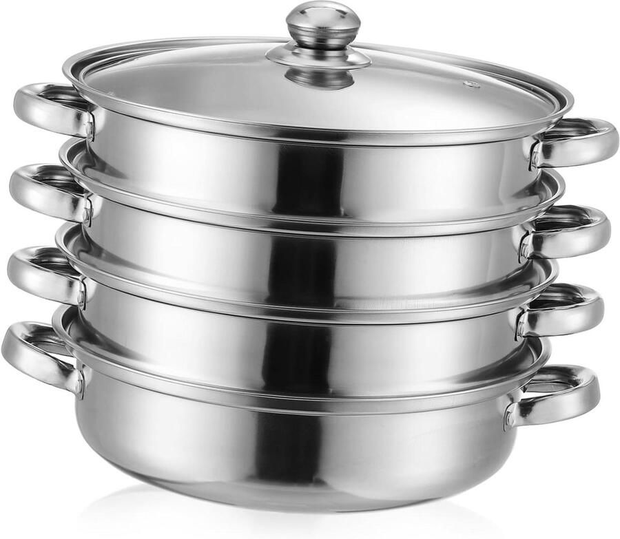 Rvs Stoompan Kookpot Vierlagen Gerechten Stomen Energiezuinig Ontwerp 27.5 cm Zilver
