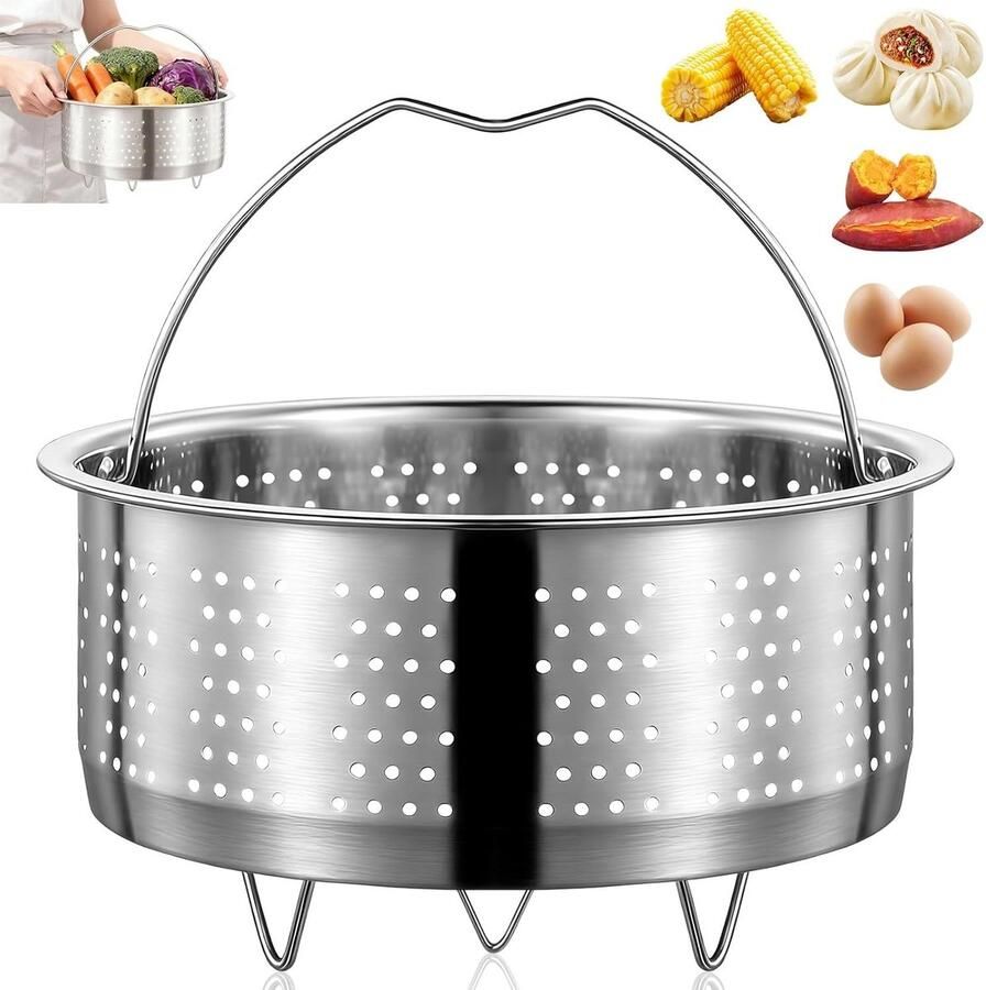 RVS Stoompan met Handvat en Basis Multifunctionele Stoomkoker voor Groenten Eieren en Rijst met Perforerende Inzet