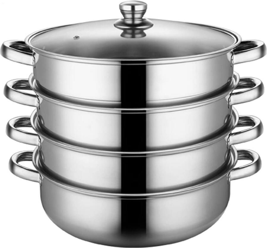RVS Stoompan Set 4 Delig met Glas Deksel Geschikt voor Stomen Koken en Stoofschotels