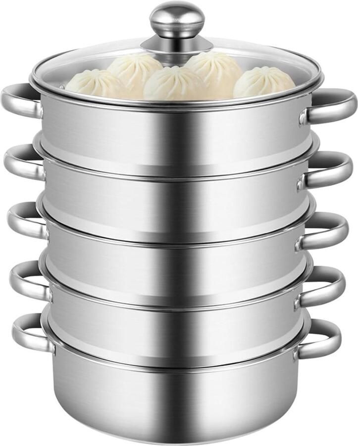 RVS Stoompan Stoomkoker Groenten Gezond Koken 5 Lagen Stapelbaar 30 cm Zilver