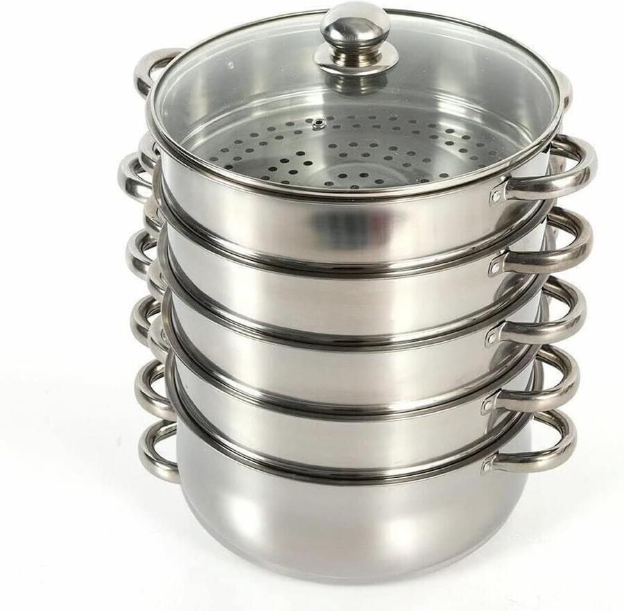RVS Stoompan Stoomkoker Pan Gezond Koken 5 Lagen Constructie 26 cm Zilverkleurig