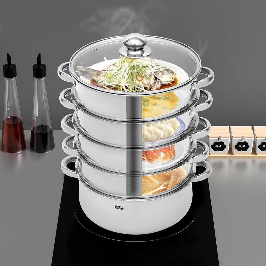 RVS Stoompan Stoomkoker Pan Gezond Koken 5 Lagen Stapelbaar 28 cm Diameter Zilver