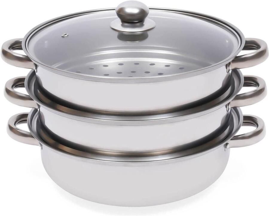 RVS Stoompan Stoomkoker Pan Gezond Koken Drievoudig Kookniveau 28 cm Zilver
