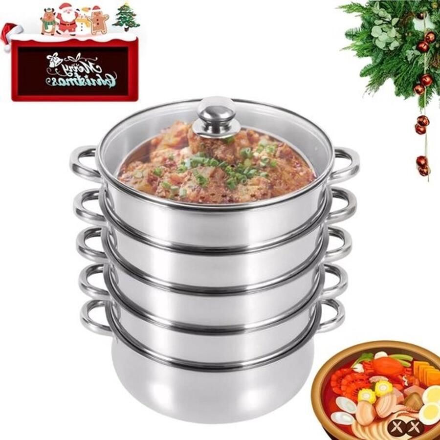 RVS Stoompan Stoomkoker Pan Gezond Koken Verstelbaar Aantal Lagen 26 cm Zilverkleurig