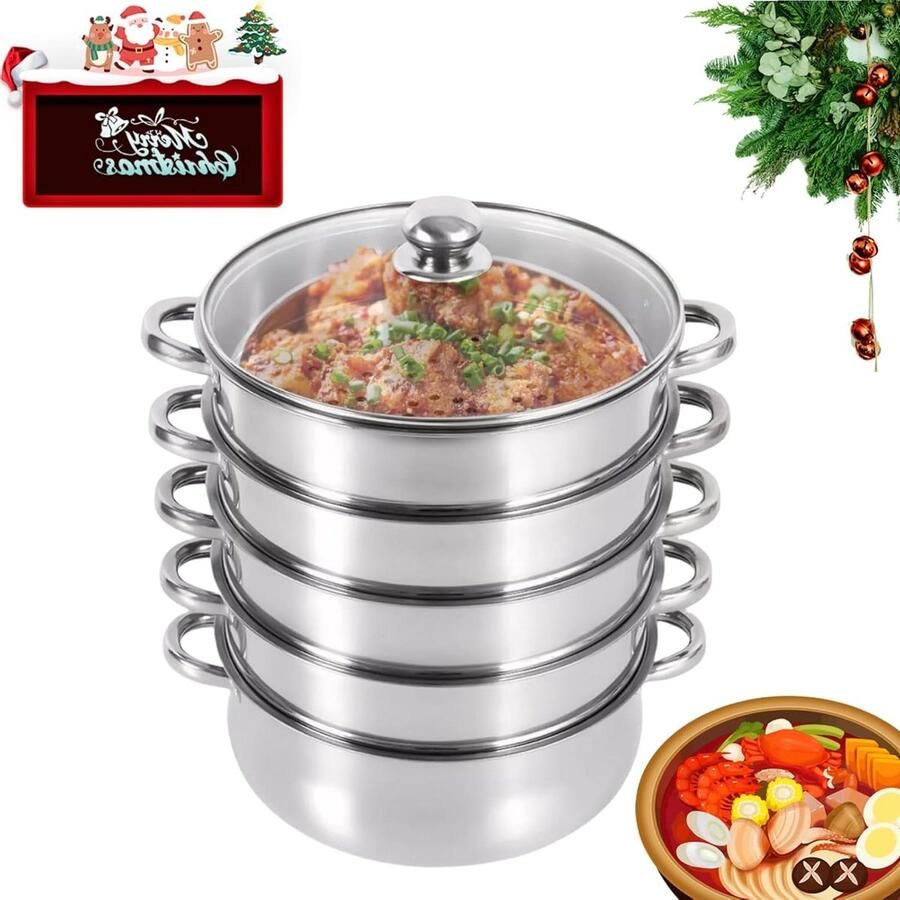 RVS Stoompan Stoomkoker Pan Gezond Koken Verstelbaar Aantal Lagen 26 cm Zilverkleurig