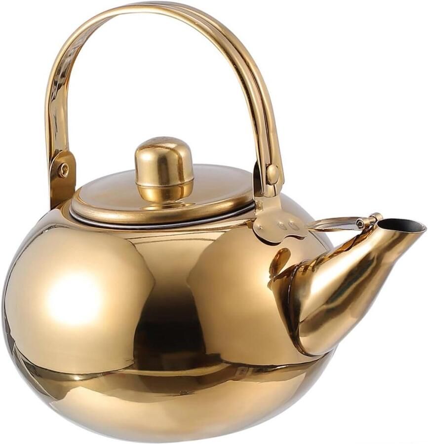 Rvs Waterkoker Met Zeef Theepot Kookplaat Thee Zetten Geïsoleerd Handvat 1.5 L Goud